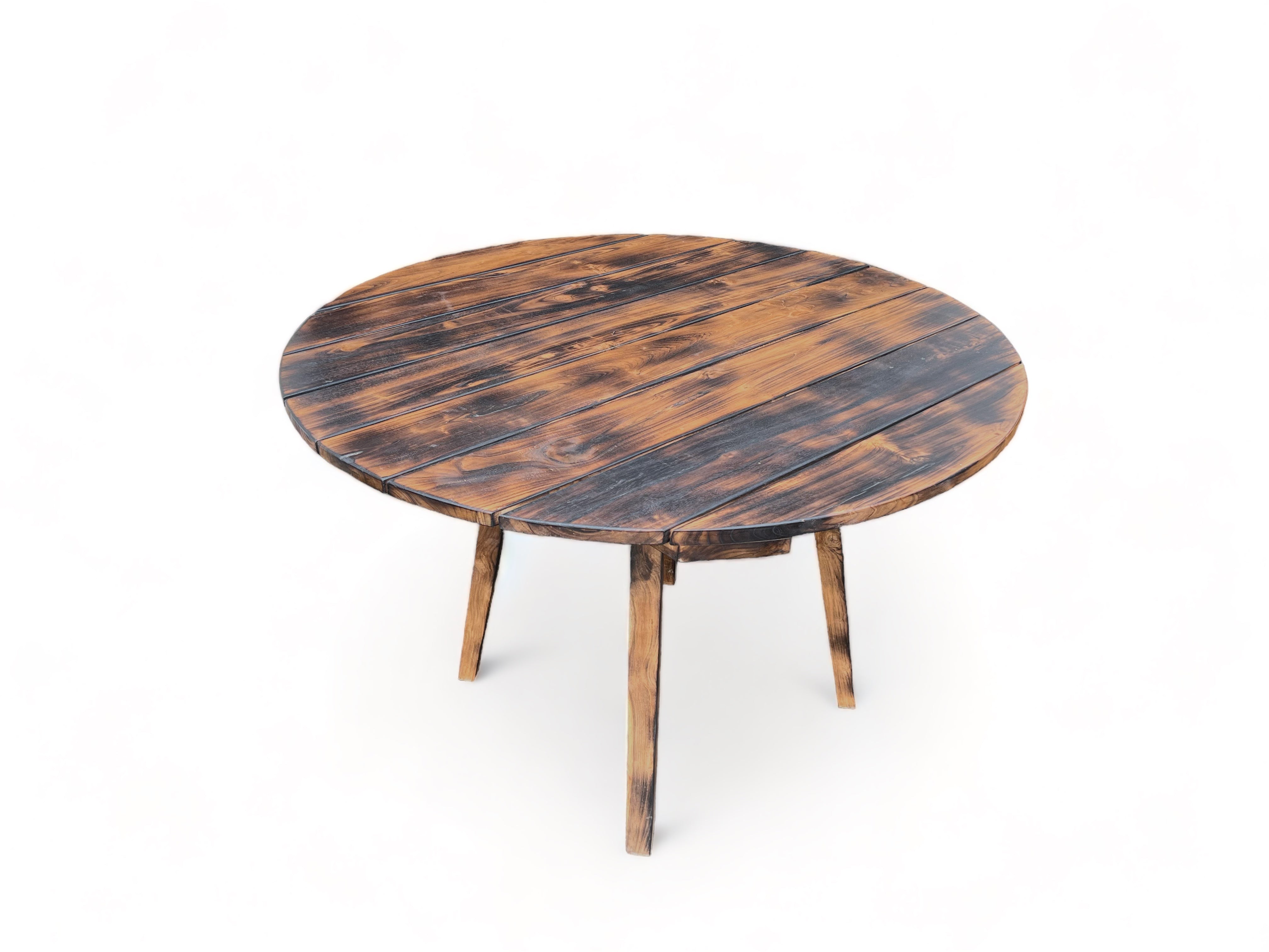 Table de jardin en teck fabriquée à la main - Pièce unique au charme naturel pour l'intérieur et l'extérieur - Flammée - 120 et 150 cm de diamètre - 80 cm de hauteur 