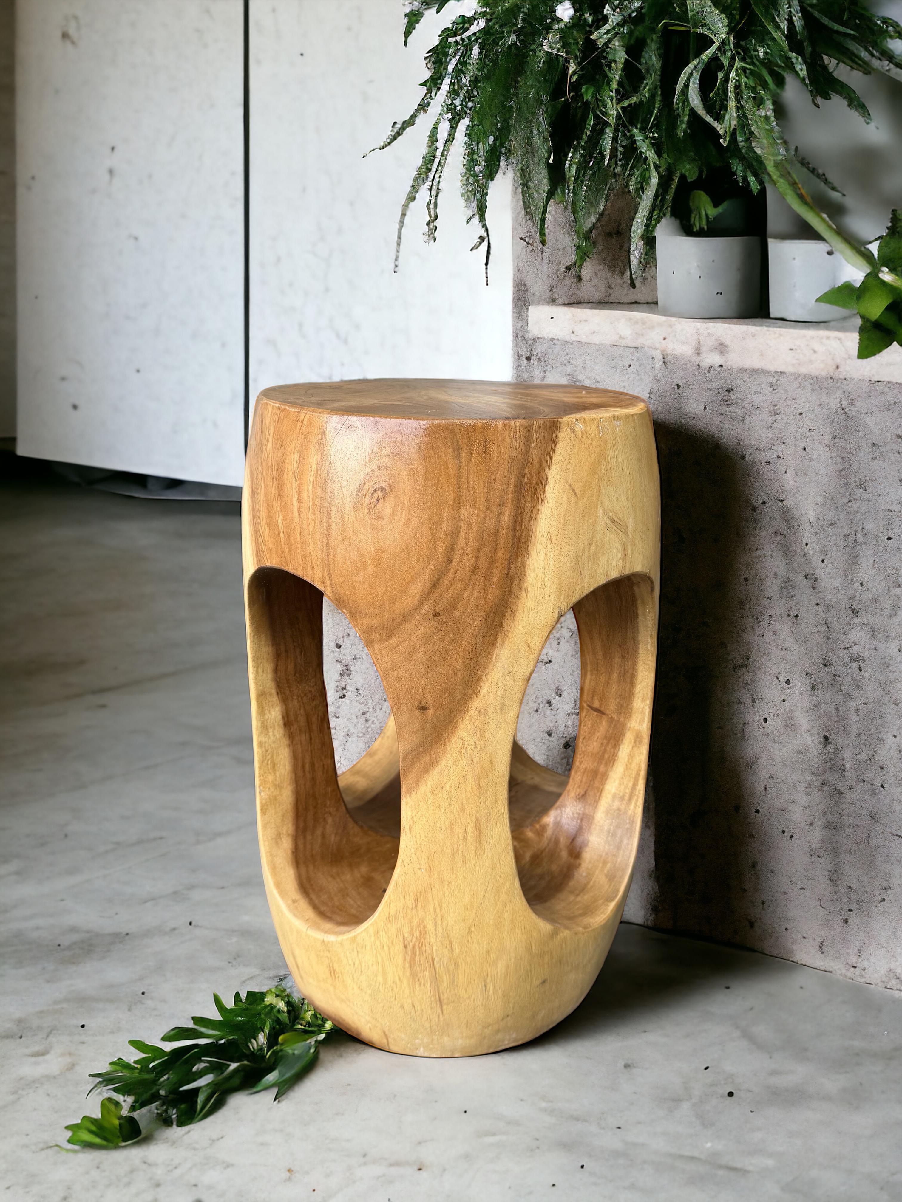 Wooden side table – coffee table flower stool – handmade – rounded with O-neck Suar wood – 50x30x30 cm