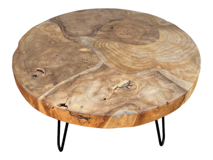 Wooden coffee table – side table – with three metal legs – round made of teak – 60x60x43 cm