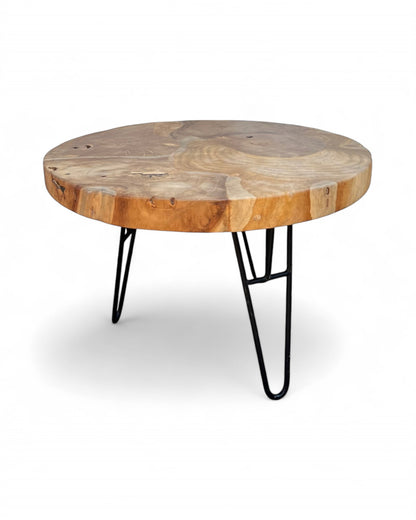 Wooden coffee table – side table – with three metal legs – round made of teak – 60x60x43 cm