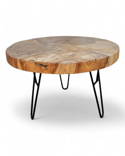 Wooden coffee table – side table – with three metal legs – round made of teak – 60x60x43 cm