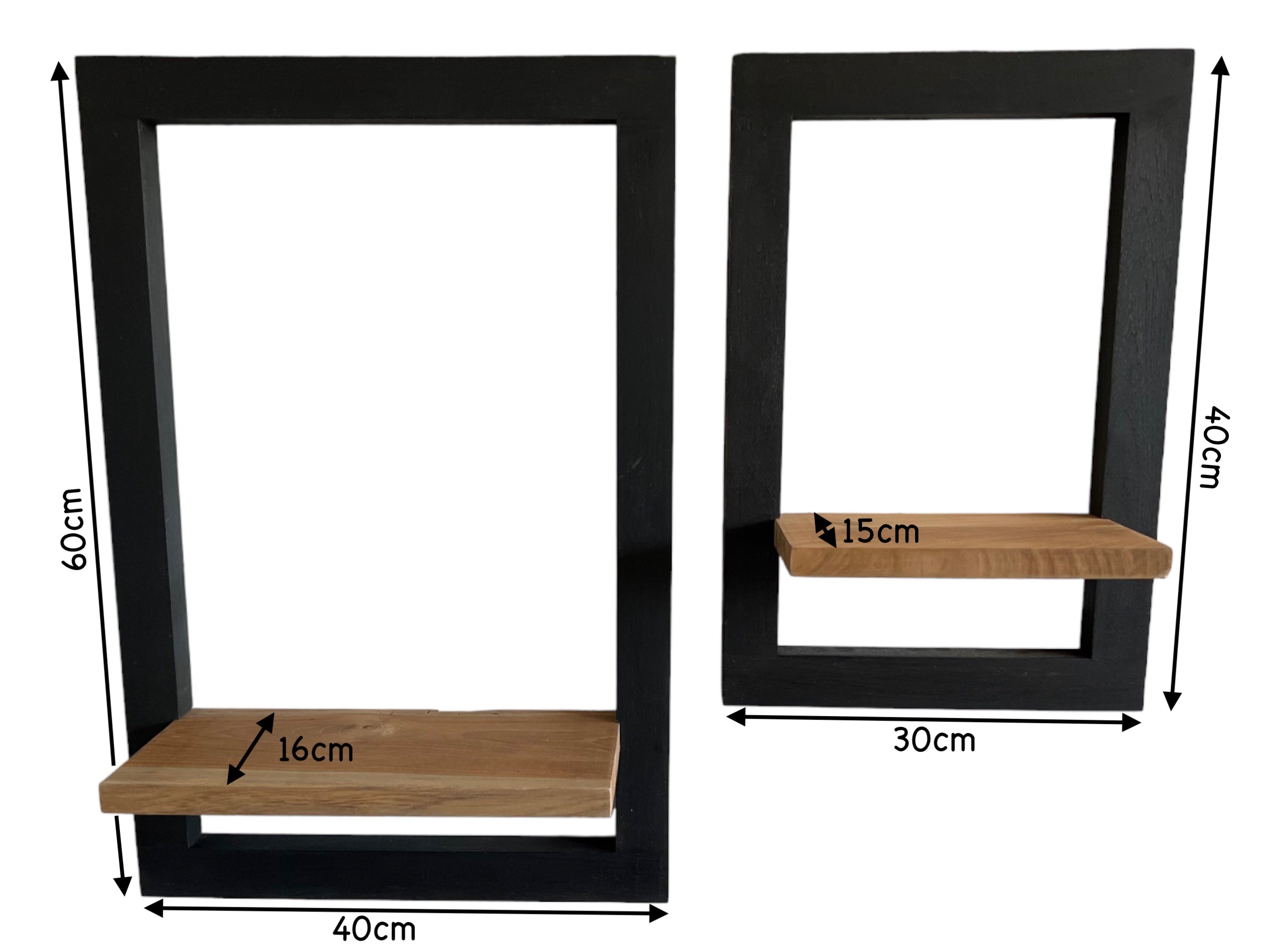 Étagère murale en bois à suspendre - Étagère de rangement - Cadre noir moderne et surface de rangement marron naturel - Lot de 2 - 60 x 40 x 2 cm et 40 x 30 x 2 cm