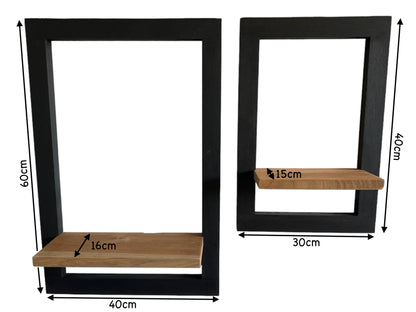 Étagère murale en bois à suspendre - Étagère de rangement - Cadre noir moderne et surface de rangement marron naturel - Lot de 2 - 60 x 40 x 2 cm et 40 x 30 x 2 cm