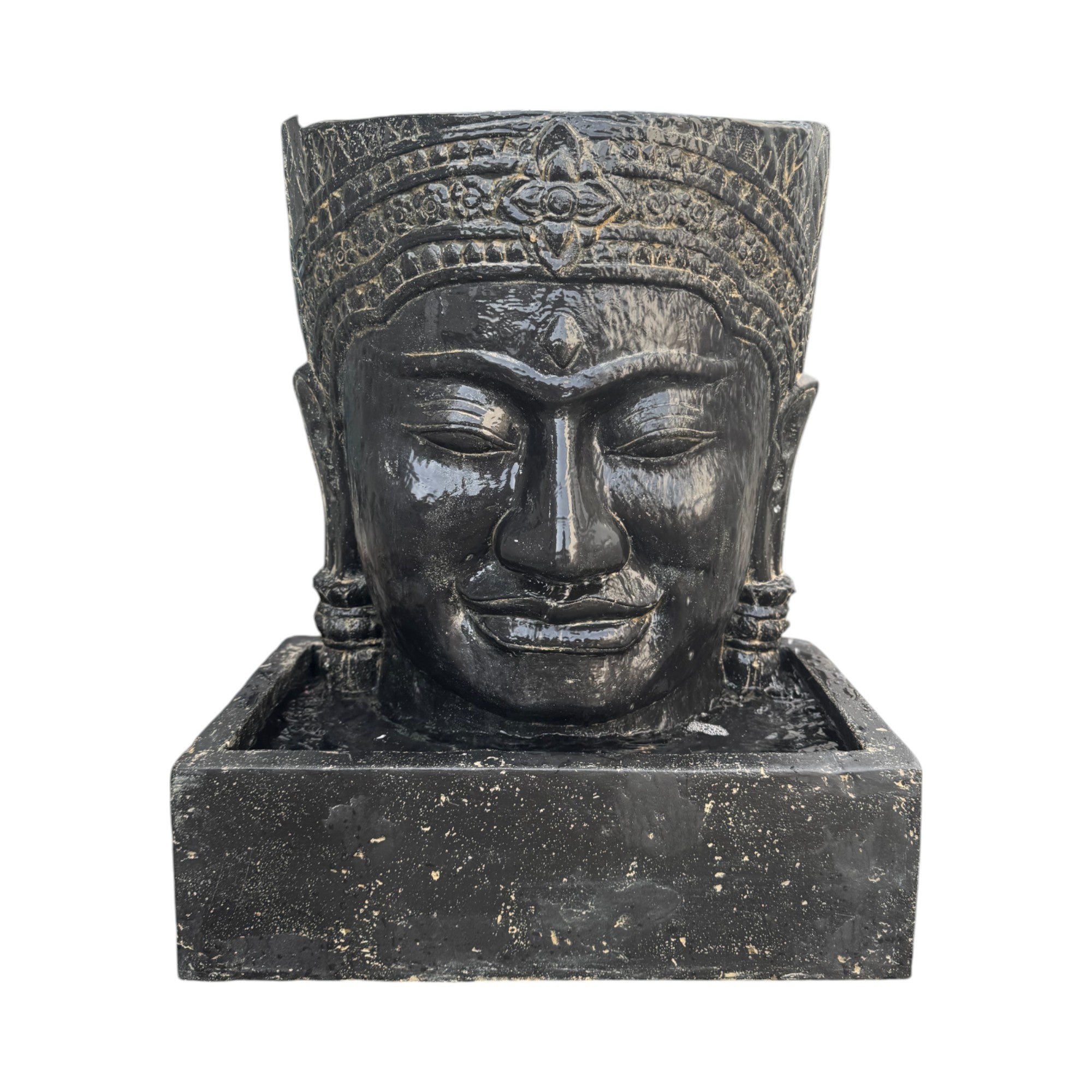 Khmer Head Fountain - Garden Decoration Waterfall - Weatherproof - Cast Stone Buddha Water Feature - 57x48.5x28 cm