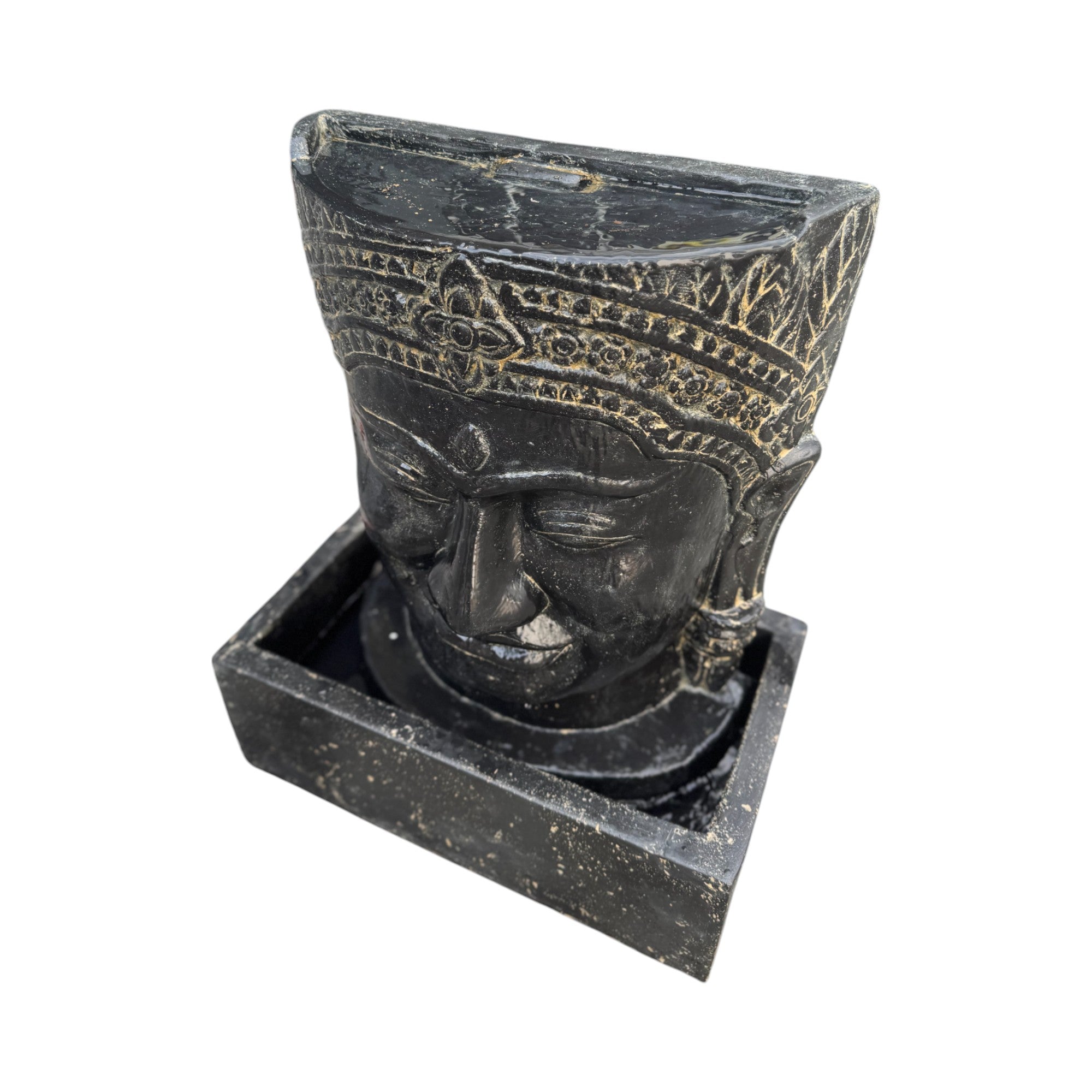 Khmer Head Fountain - Garden Decoration Waterfall - Weatherproof - Cast Stone Buddha Water Feature - 57x48.5x28 cm