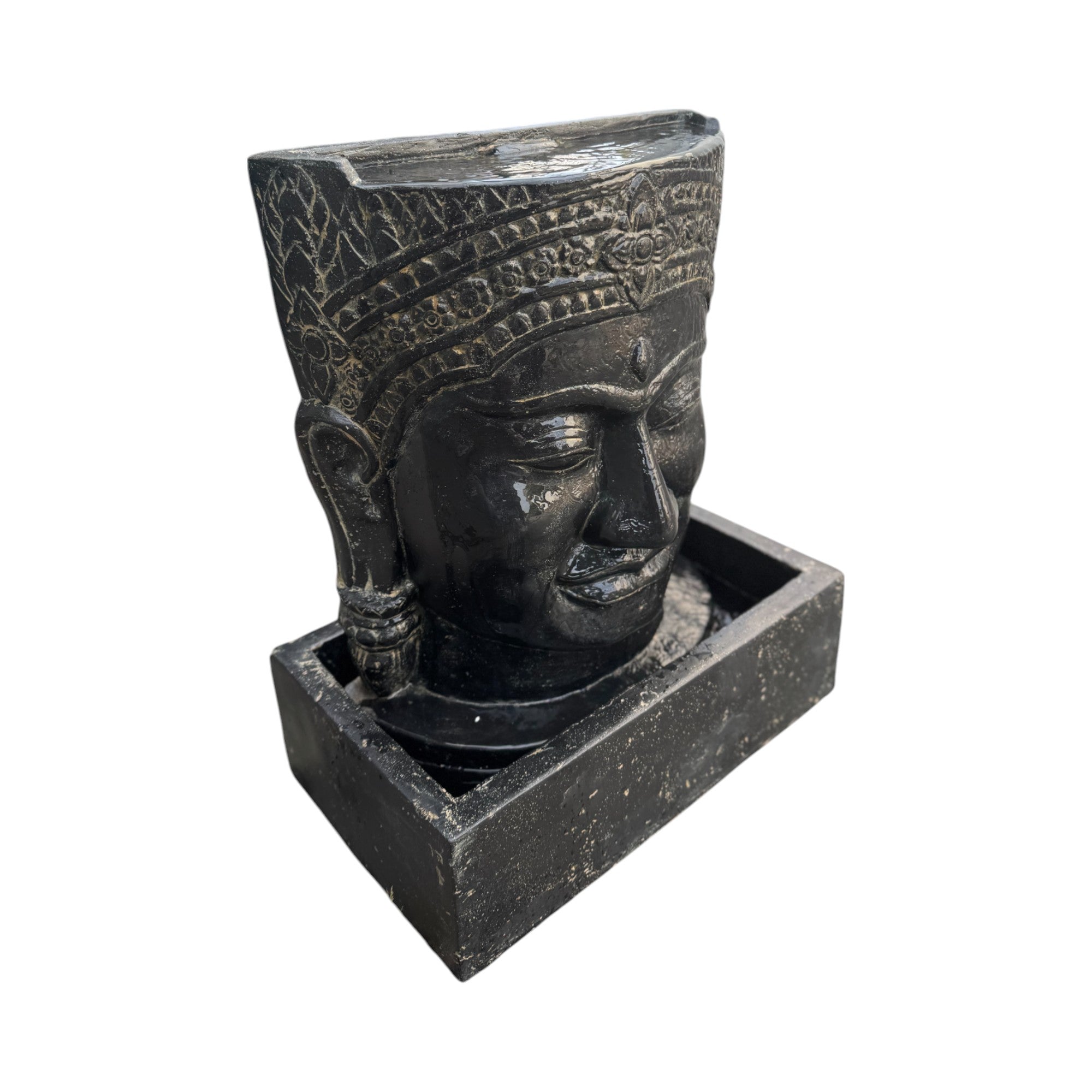 Khmer Head Fountain - Garden Decoration Waterfall - Weatherproof - Cast Stone Buddha Water Feature - 57x48.5x28 cm