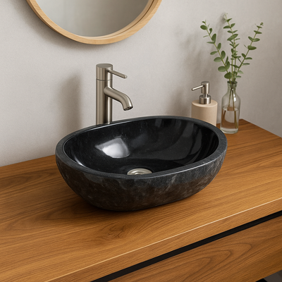 Marmor Waschbecken – Badezimmer Gäste-WC Waschraum – Aufsatzwaschbecken Oval aus schwarzem Marmor - 15x45x30 cm