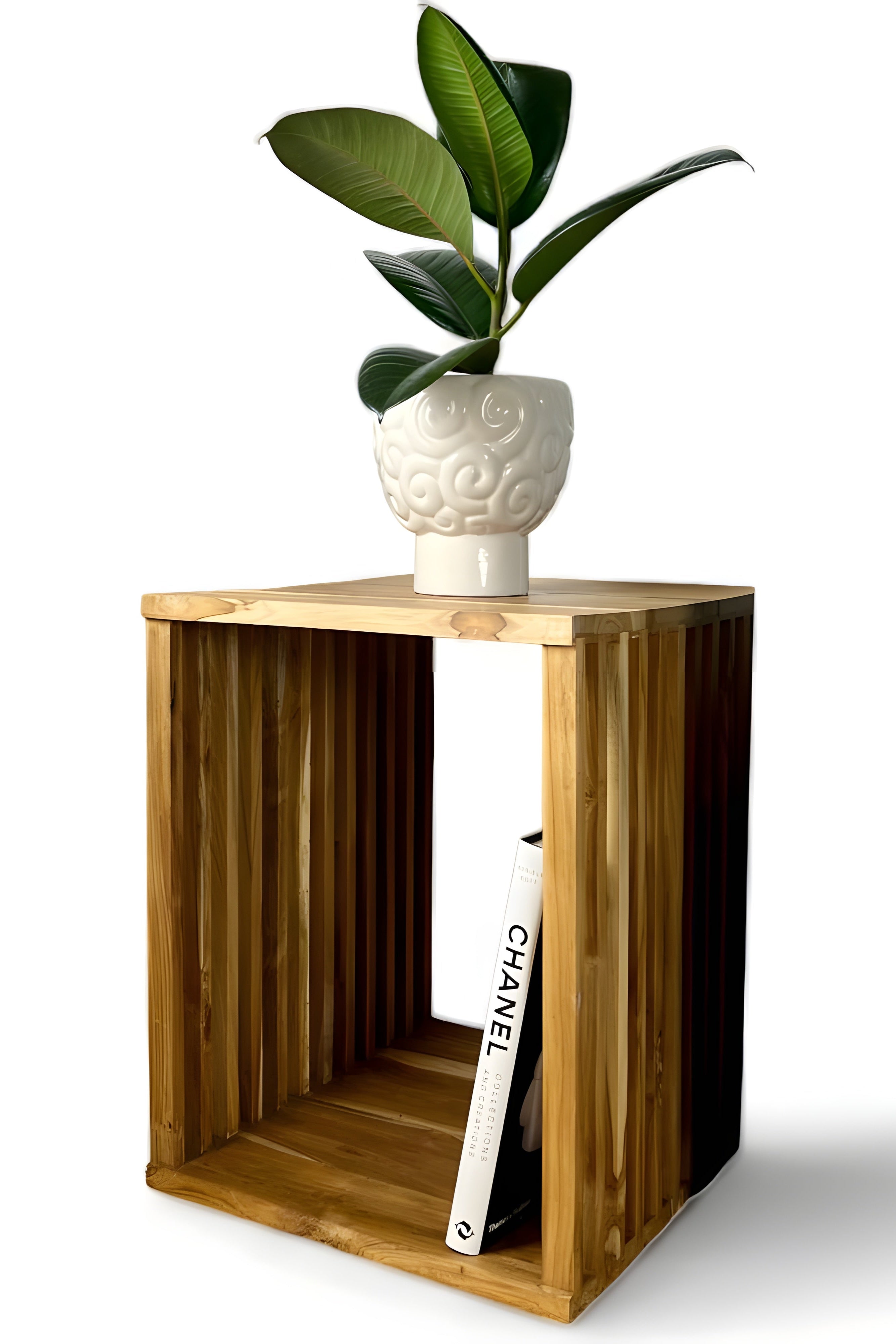 Teak side table - wooden stool coffee table - handmade from solid wood - wooden slats cube - 45x35x40 cm