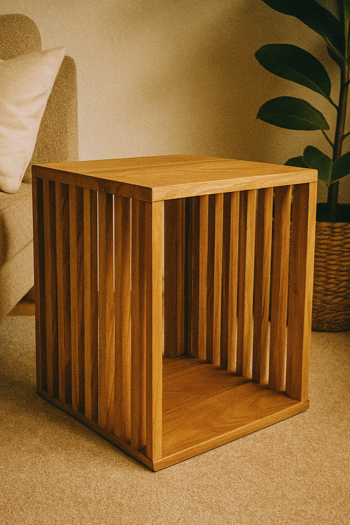 Teak side table - wooden stool coffee table - handmade from solid wood - wooden slats cube - 45x35x40 cm