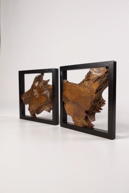 Wanddekoration aus Teakholz mit schwarzem Rahmen – handgefertigtes Massivholz Unikat - moderne Wandkunst aus Naturholz - 40x40x3,5 cm