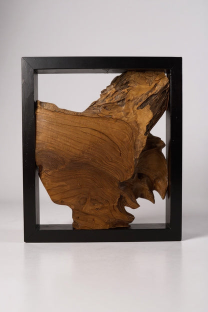 Wanddekoration aus Teakholz mit schwarzem Rahmen – handgefertigtes Massivholz Unikat - moderne Wandkunst aus Naturholz - 40x40x3,5 cm