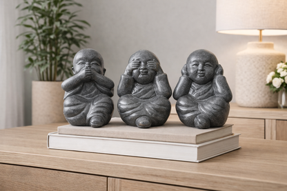 Buddha Figuren Set 3-teilig – Garten Terrasse Balkon Deko – Wetterfest – Stein Skulpturen Sehe nichts Höre nichts Sage nichts – 30 cm