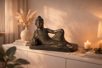 Buddha Skulptur liegend – Garten Terrasse Wohnzimmer Deko – Wetterfest – Stein Figur Meditation schwarz gold – 30x35x15 cm