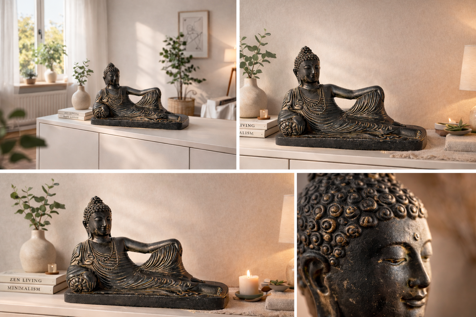 Buddha Skulptur liegend – Garten Terrasse Wohnzimmer Deko – Wetterfest – Stein Figur Meditation schwarz gold – 30x35x15 cm