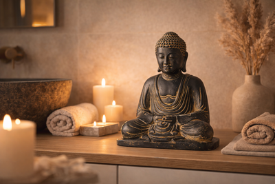 Sitting Buddha Sculpture - Garden Terrace Balcony Decoration - Weatherproof - Stone Figurine Meditation Black Gold - 30x26x20 cm