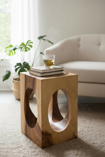 Table d'appoint en bois – table basse tabouret à fleurs – fait main – carrée avec col en O en bois de suar – 45x30x30 cm