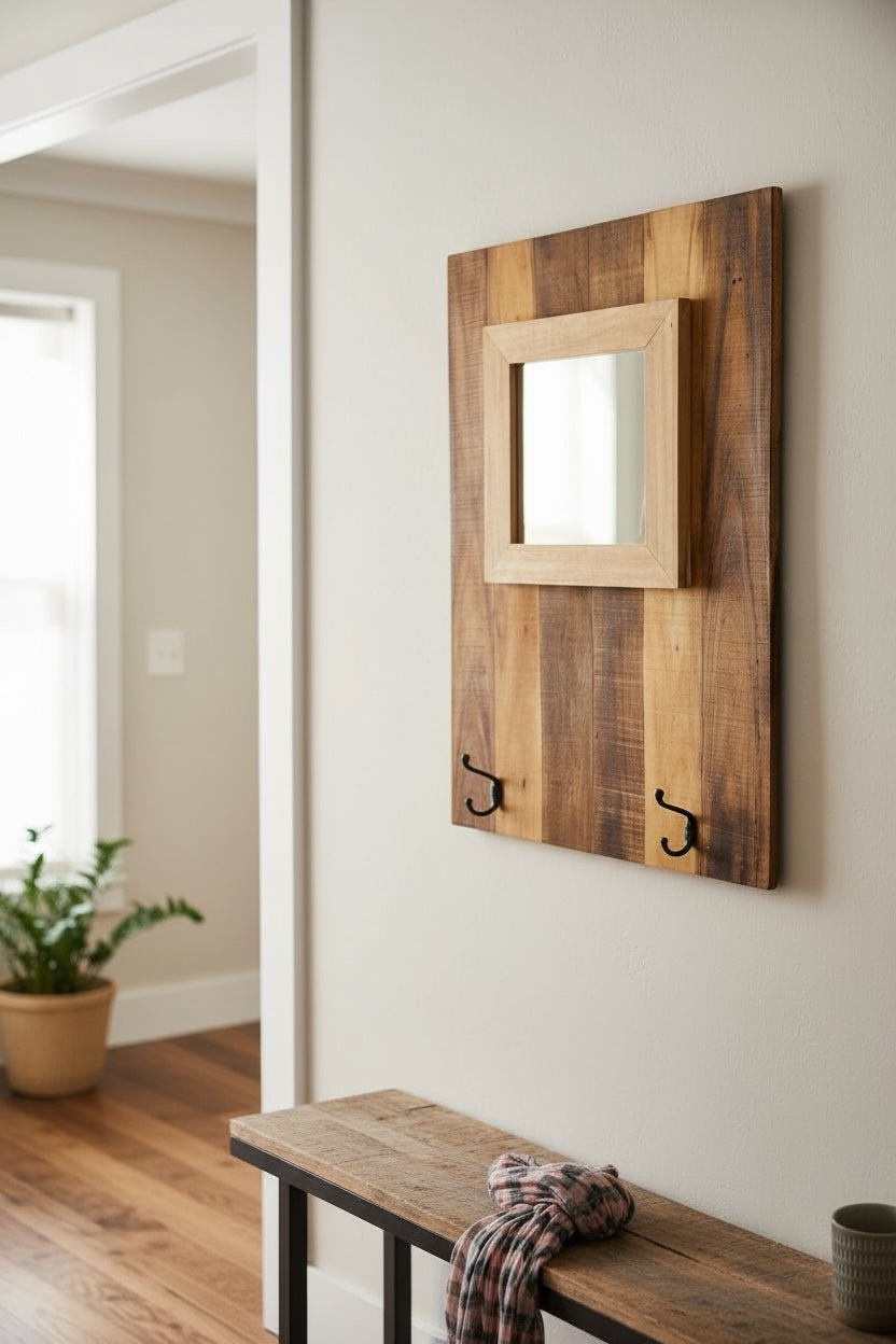 Porte-manteau mural avec miroir - Miroir intégré avec deux crochets - Moderne en acajou et teck - 70x50 cm