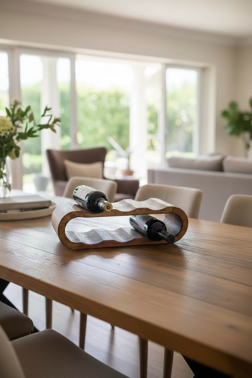 Casier à vin en bois d'acacia - porte-bouteilles pour 6 bouteilles - robuste - veinage du bois flammé - 46 x 19 x 15 cm