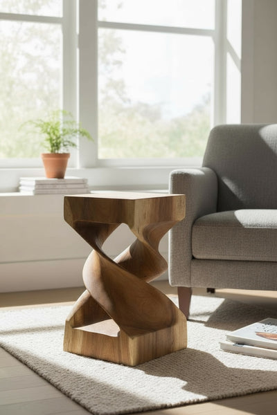 Wooden side table - wooden stool coffee table - handmade - turned from solid suar wood - 50x28x28 cm