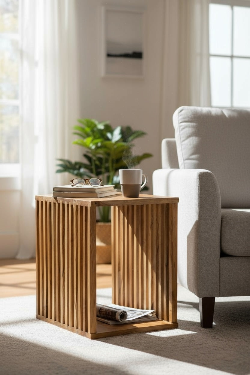 Table d'appoint en teck - table basse tabouret en bois - fabriquée à la main en bois massif - cube en lattes de bois - 45x35x40 cm