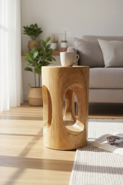 Table d'appoint en bois - tabouret en bois, tabouret à fleurs, tabouret - fait main - rond avec col en O, bois de Saman - 50x30x30 cm