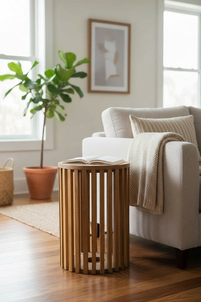 Teakholz-Beistelltisch - Holzhocker Couchtisch - Handgefertigt aus Massivholz – Holzleisten Rund - 50x30x30 cm
