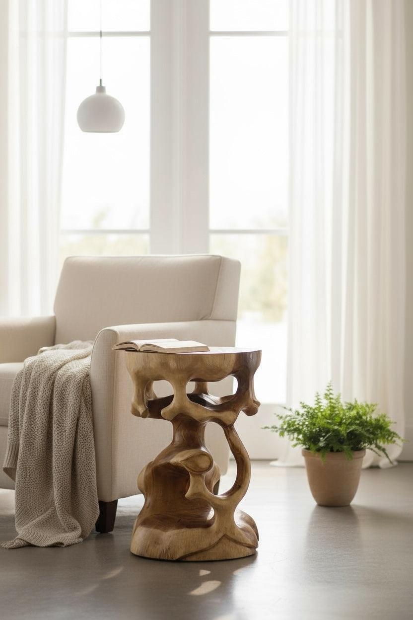 Table d'appoint en bois - tabouret en bois, tabouret à fleurs, tabouret - fait main - rond en style bonsaï, bois de Saman - 40x30x30 cm