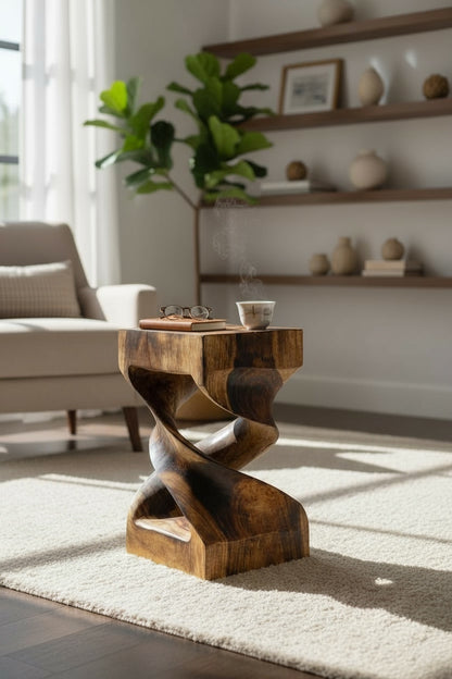 Table d'appoint en bois - table basse tabouret en bois - flammée artisanalement - tournée en bois de Suar massif - 50x28x28 cm 