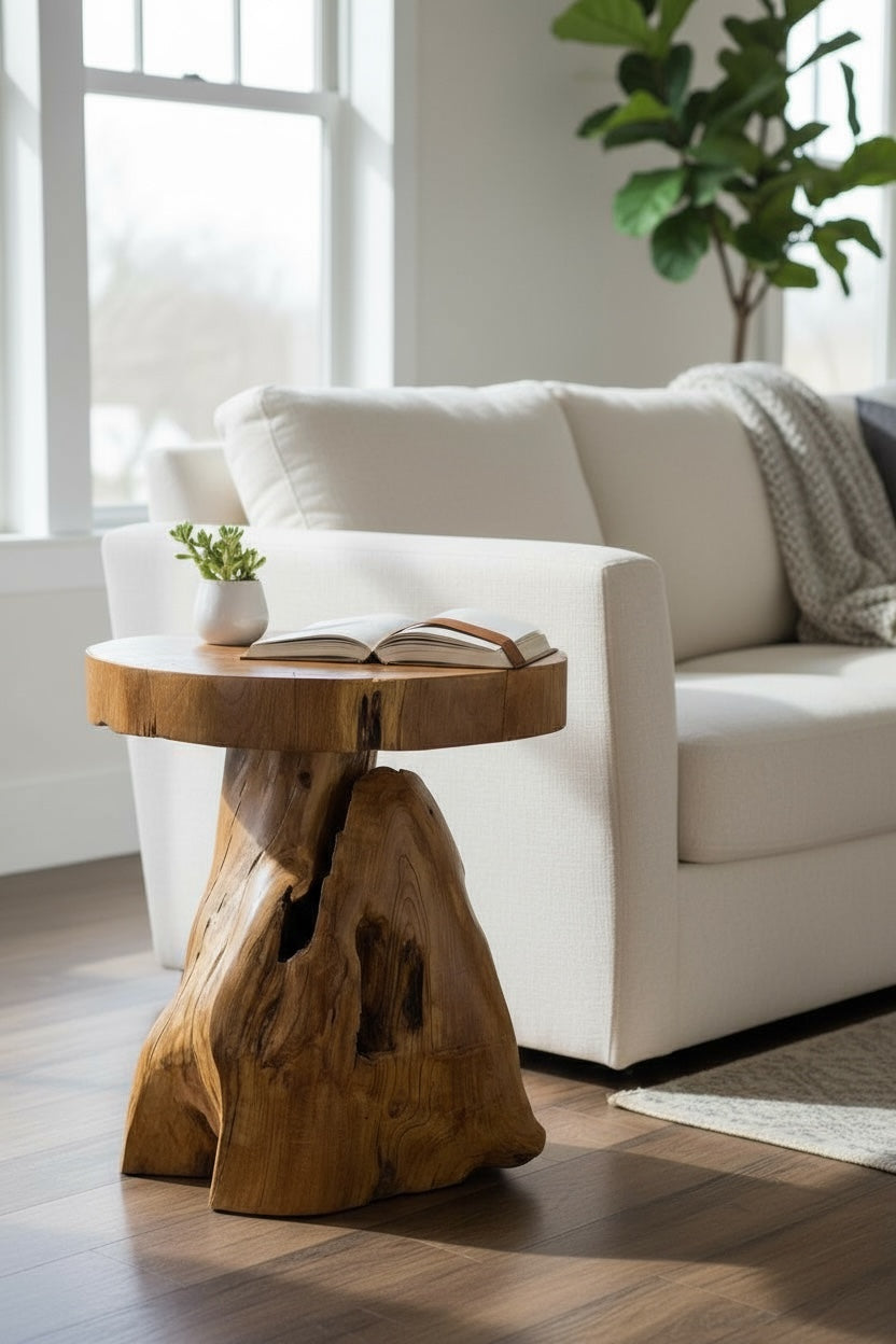 Tabouret en bois – table d’appoint, tabouret à fleurs, table de rangement – ​​fait main – forme naturelle en teck massif – 45x40x40 cm