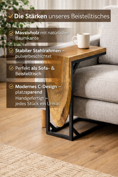 Table d'appoint multifonctionnelle - table basse de rangement - structure en C - bois de teck - 50x40x20 cm
