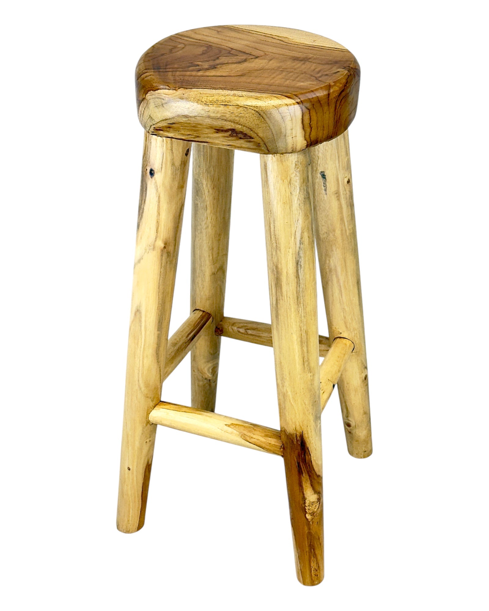 Barhocker aus massivem Holz – Handgefertigter rustikaler Holzhocker - Runde Sitzfläche für Küche, Bar & Essbereich - 30x75 cm