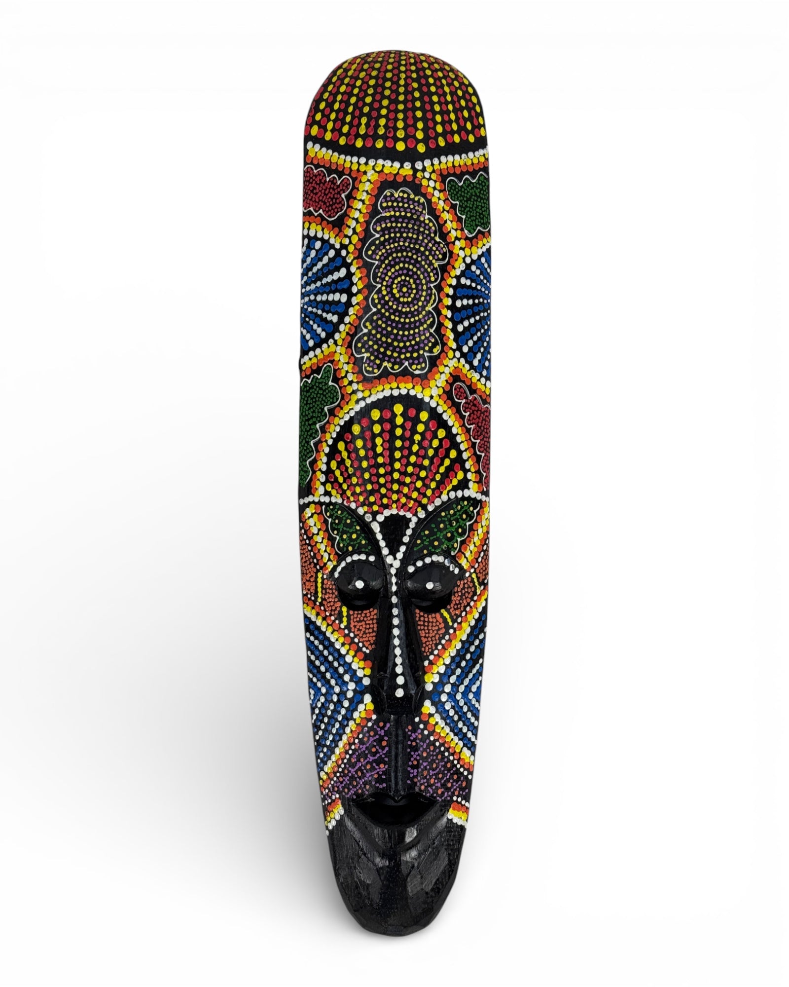 Einzelstücke: Handgefertigte Teakholz-Maske mit farbenfrohem Punktmuster