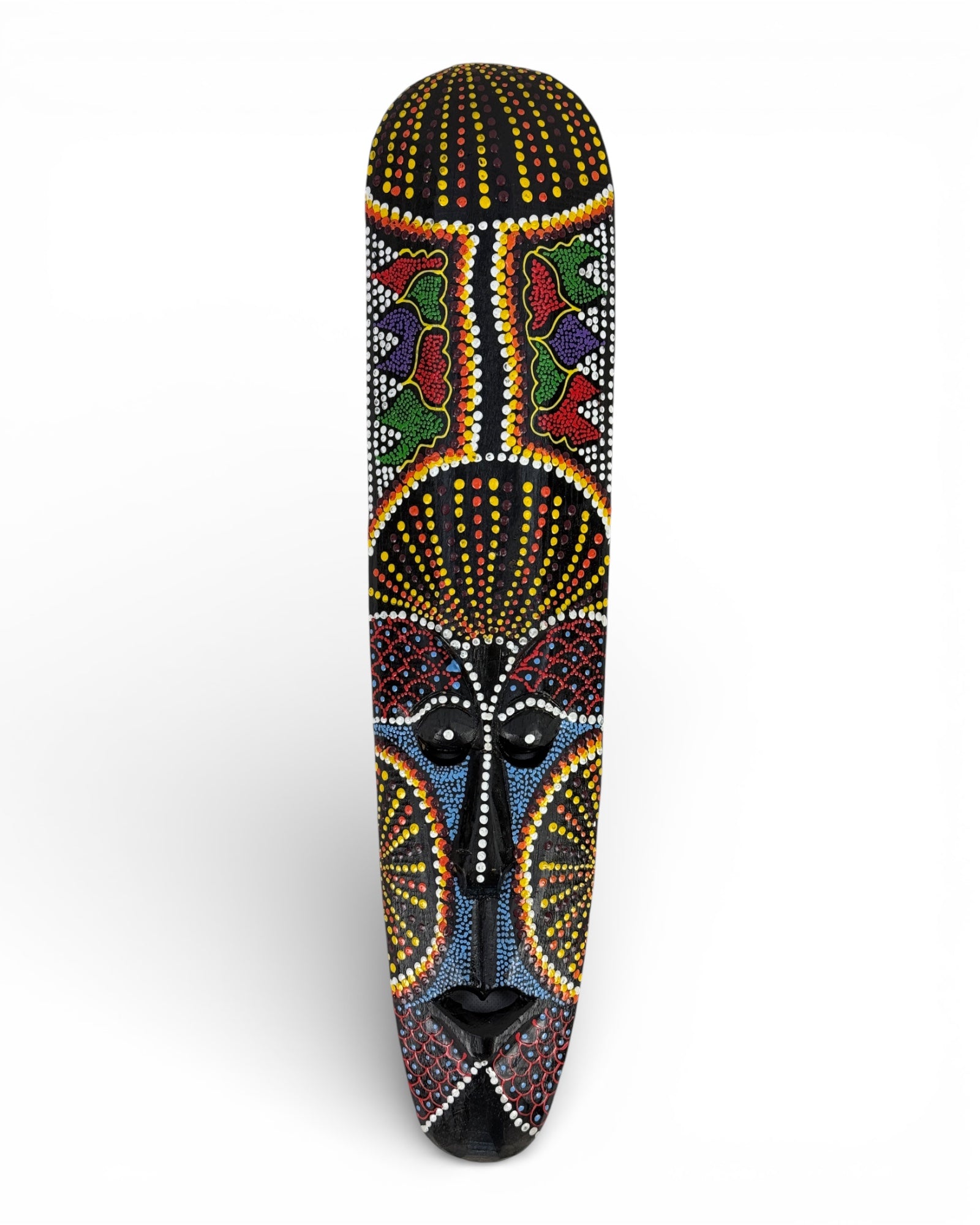 Einzelstücke: Handgefertigte Teakholz-Maske mit farbenfrohem Punktmuster