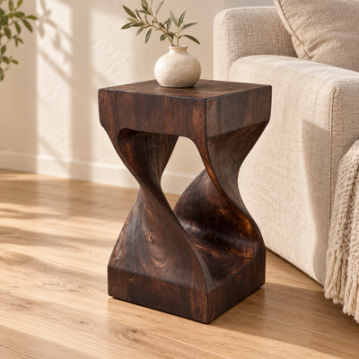 Holz Beistelltisch – Nachttisch Ablagetisch – Gedreht aus flambiertem Massivholz – Schwarzbraun – 50x28x28 cm