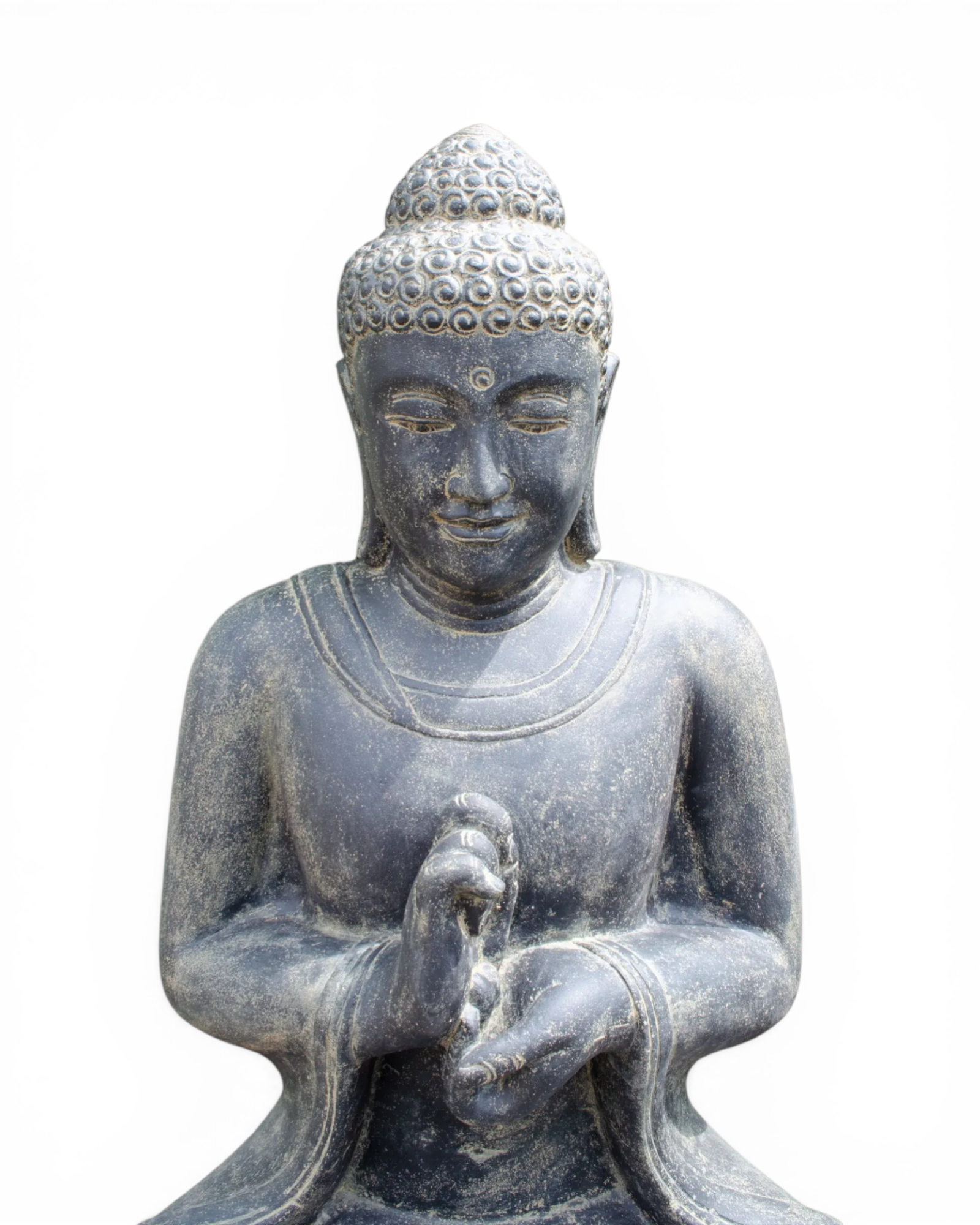FaHome large dark grey stone Buddha statue for outdoor use, 150cm tall, with meditative pose and detailed robe.
