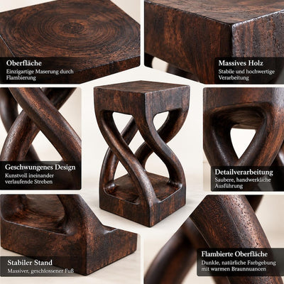 Detailübersicht der Holzoberfläche und des geschwungenen Designs.
