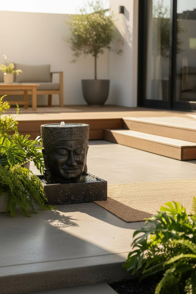 Khmer Kopf Springbrunnen - Garten Deko Wasserfall - Wetterfest - Steinguss Buddha Wasserspiel -  57x48,5x28 cm
