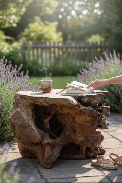 Einzelstück: Einzigartiger Garten-Wurzelholztisch aus Teak - 42 × 70 × 60 cm