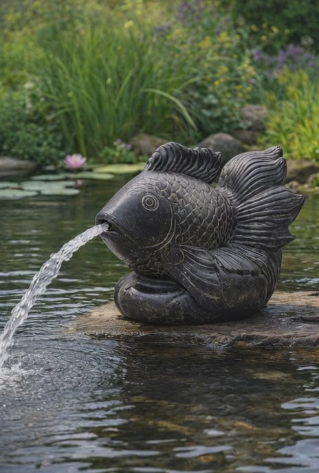Load video: Koi Fisch Springbrunnen – Garten Terrasse Teich Deko – Wetterfest – Stein Figur Wasserspiel – 60 cm
