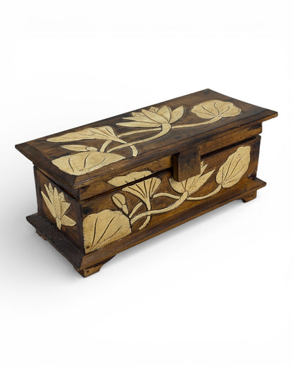 Unique piece: Decorative teak wood chest with floral decoration - 37.5 × 16 × 16 cm