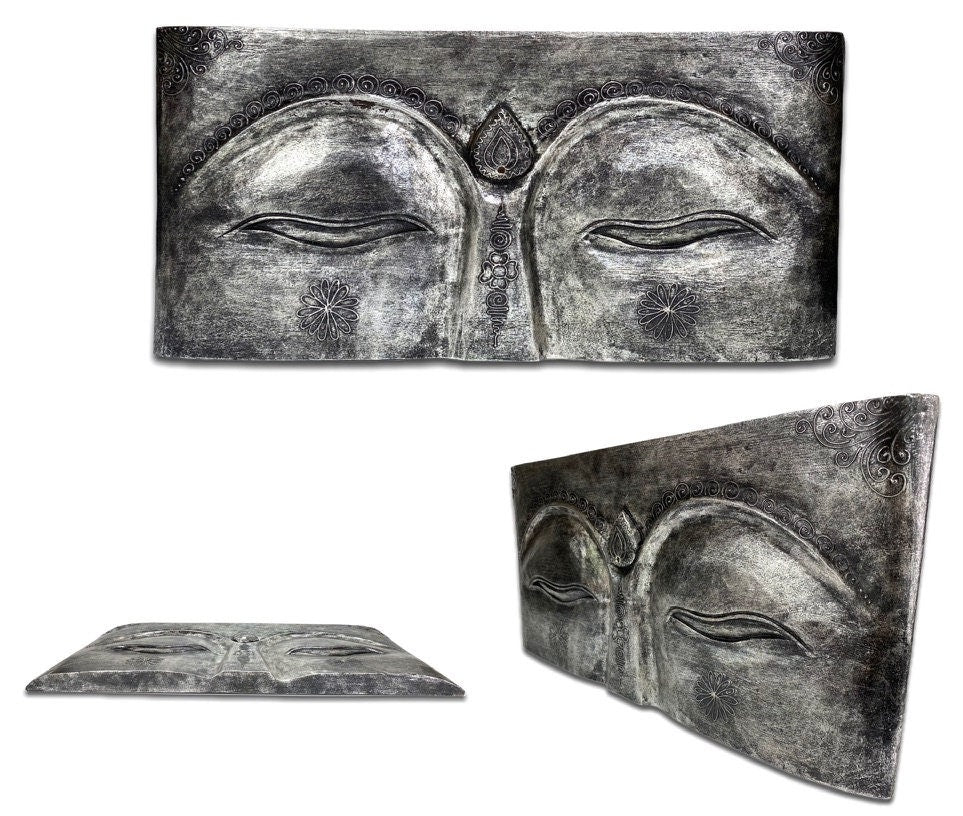 Buddha Eyes - Wall Picture Painting - Slotted Relief Wood - Albasia Wood Grey - 78x40x4 cm