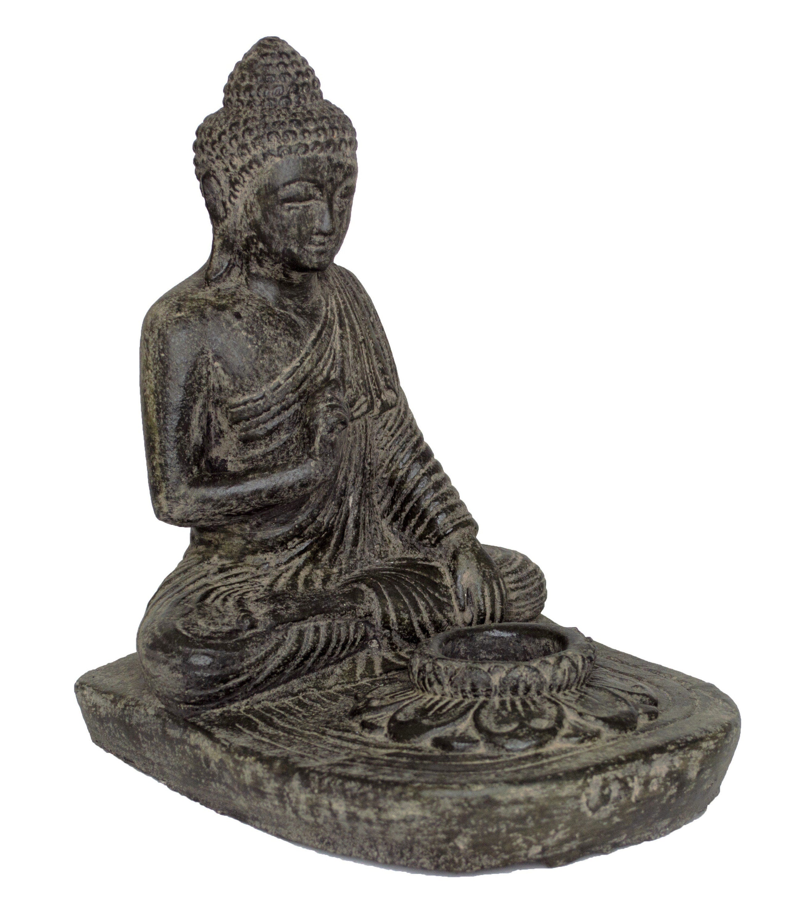 Sitting Buddha - Tealight Decorative Candle Holder - Cast Stone Figure - Lava-Sand Stone Mixture - 25x20x22 cm