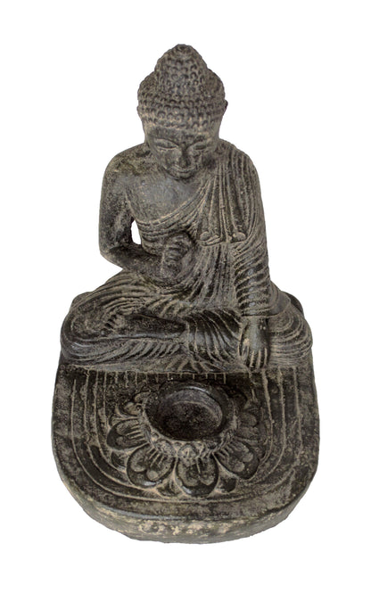 Sitting Buddha - Tealight Decorative Candle Holder - Cast Stone Figure - Lava-Sand Stone Mixture - 25x20x22 cm