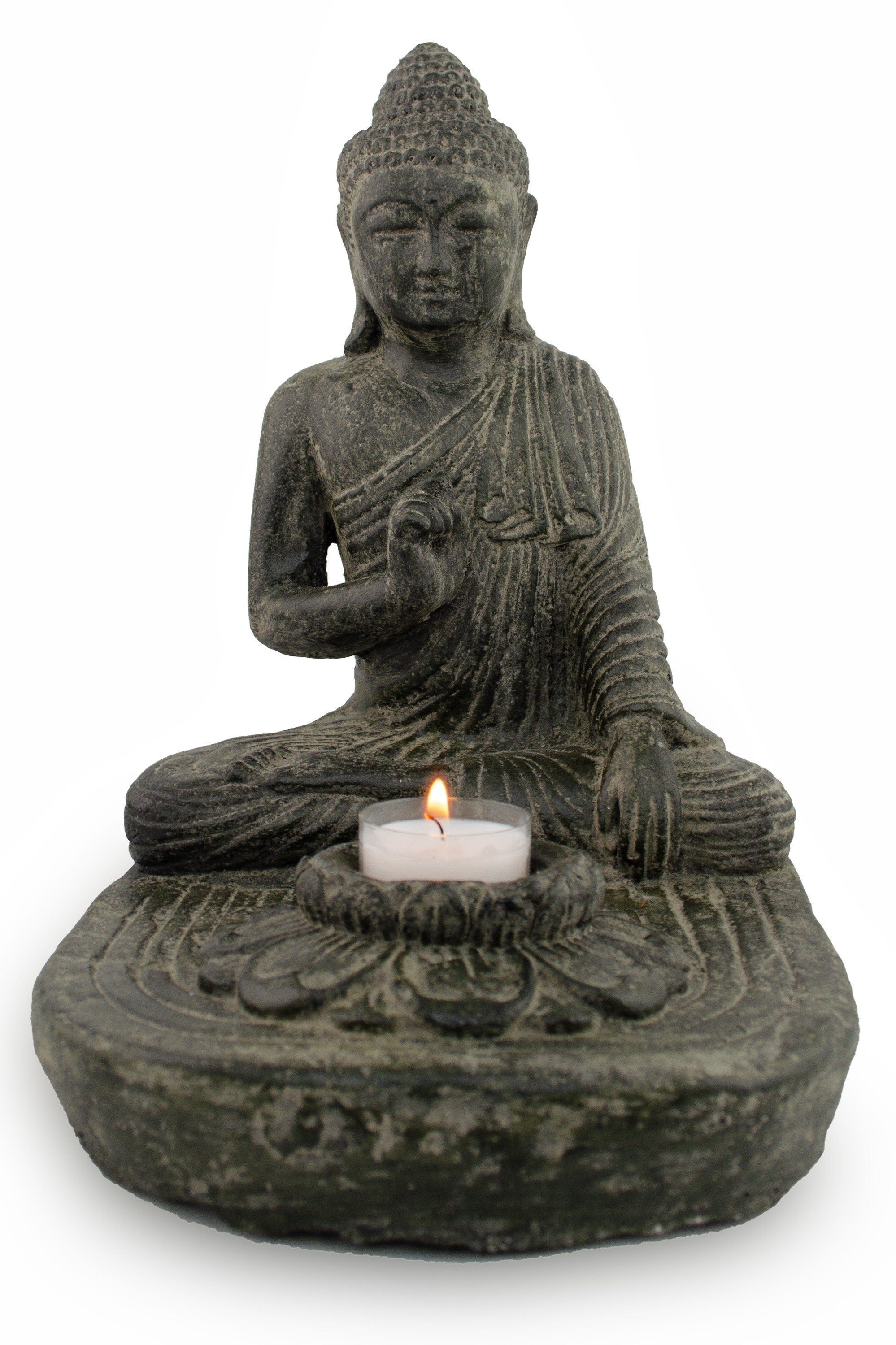Sitting Buddha - Tealight Decorative Candle Holder - Cast Stone Figure - Lava-Sand Stone Mixture - 25x20x22 cm
