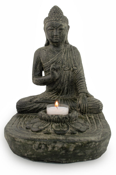 Bouddha assis - Bougeoir décoratif pour bougie chauffe-plat - Figurine en pierre moulée - Mélange de pierres de lave et de sable - 25 x 20 x 22 cm