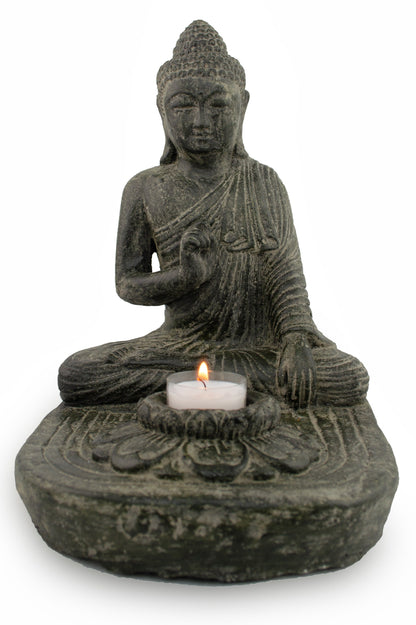 Sitting Buddha - Tealight Decorative Candle Holder - Cast Stone Figure - Lava-Sand Stone Mixture - 25x20x22 cm