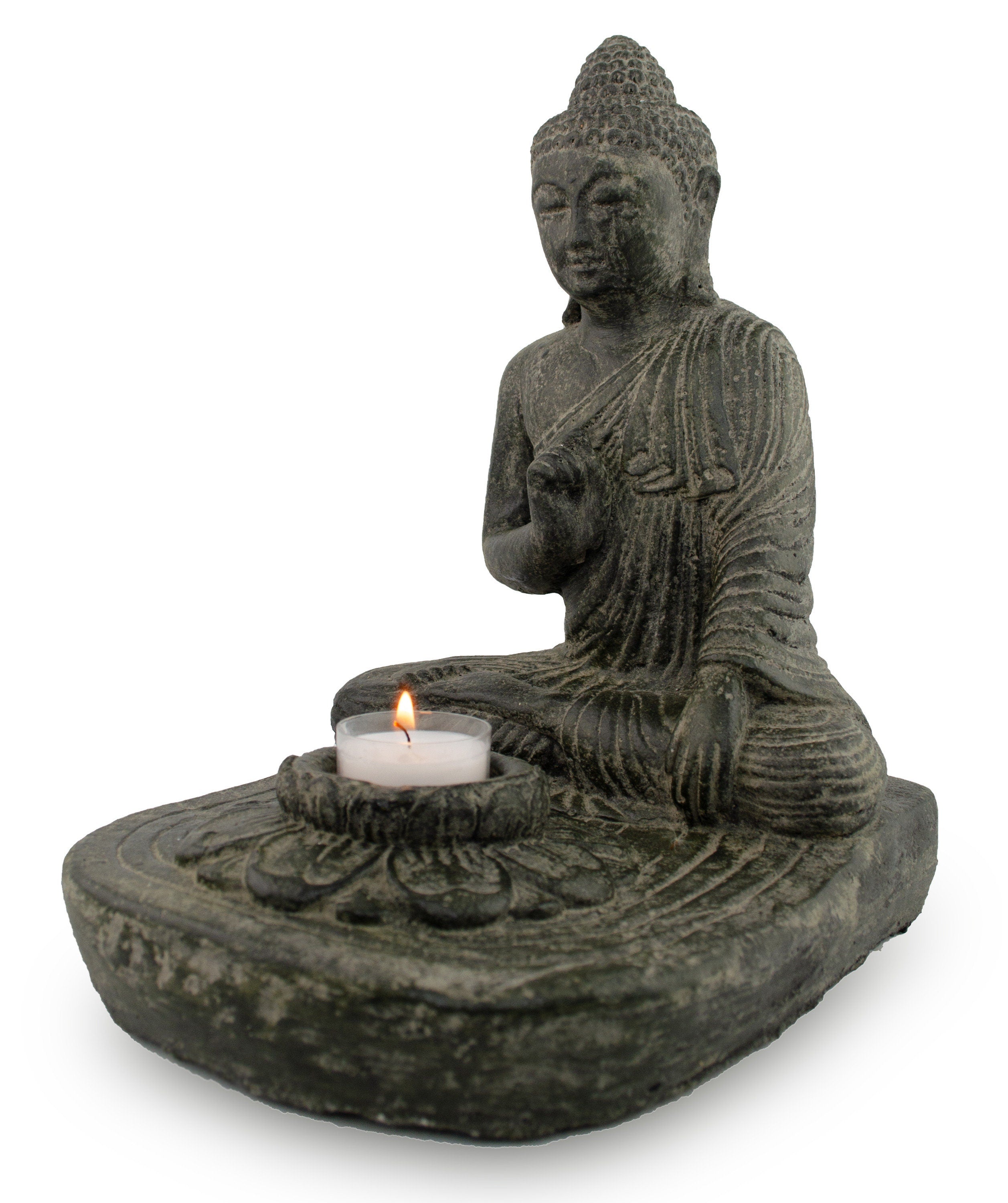 Sitting Buddha - Tealight Decorative Candle Holder - Cast Stone Figure - Lava-Sand Stone Mixture - 25x20x22 cm