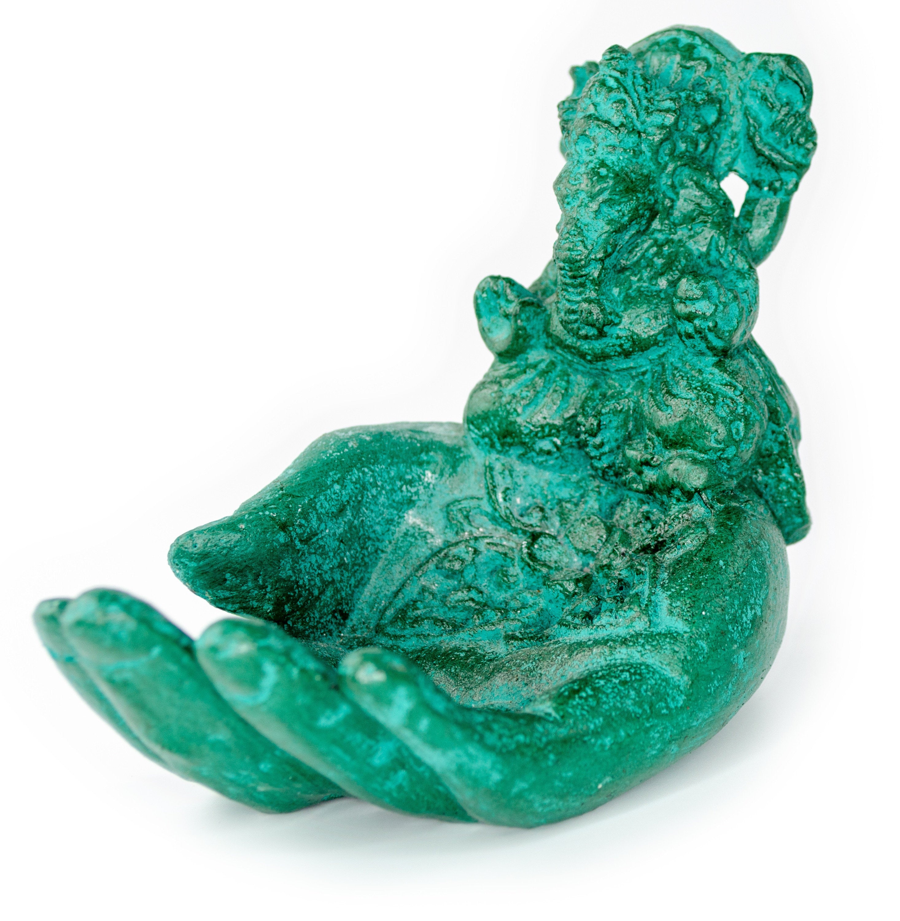 Ganesha Hand Sculpture - Decorative Room Decoration Soap Dish Incense Sticks - Hindu Deity of Good Luck - Elephant Green - 13x9x15 cm