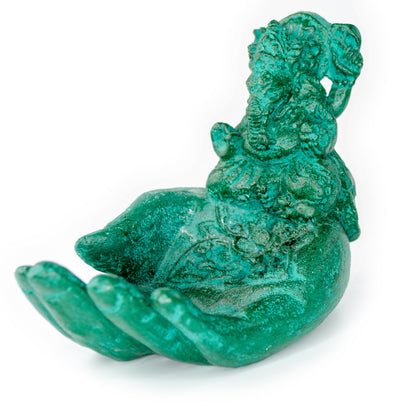 Sculpture de main de Ganesh - Décoration de pièce décorative Porte-savon Bâtons d'encens - Divinité hindoue de la bonne chance - Éléphant vert - 13x9x15 cm