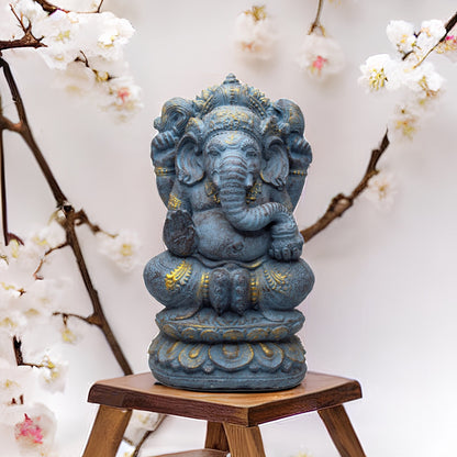 Ganesha Sculpture - Decorative Room Decoration Artwork - Elephant Head Hindu Lucky Charm Statue - Stone Figure Blue - 34 cm